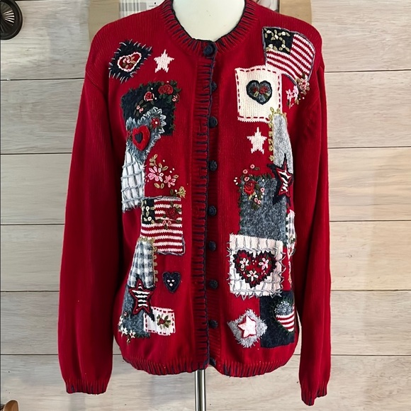 Heirloom Collection Vintage Women's Red Patchwork Cardigan Sweater L - Picture 1 of 5